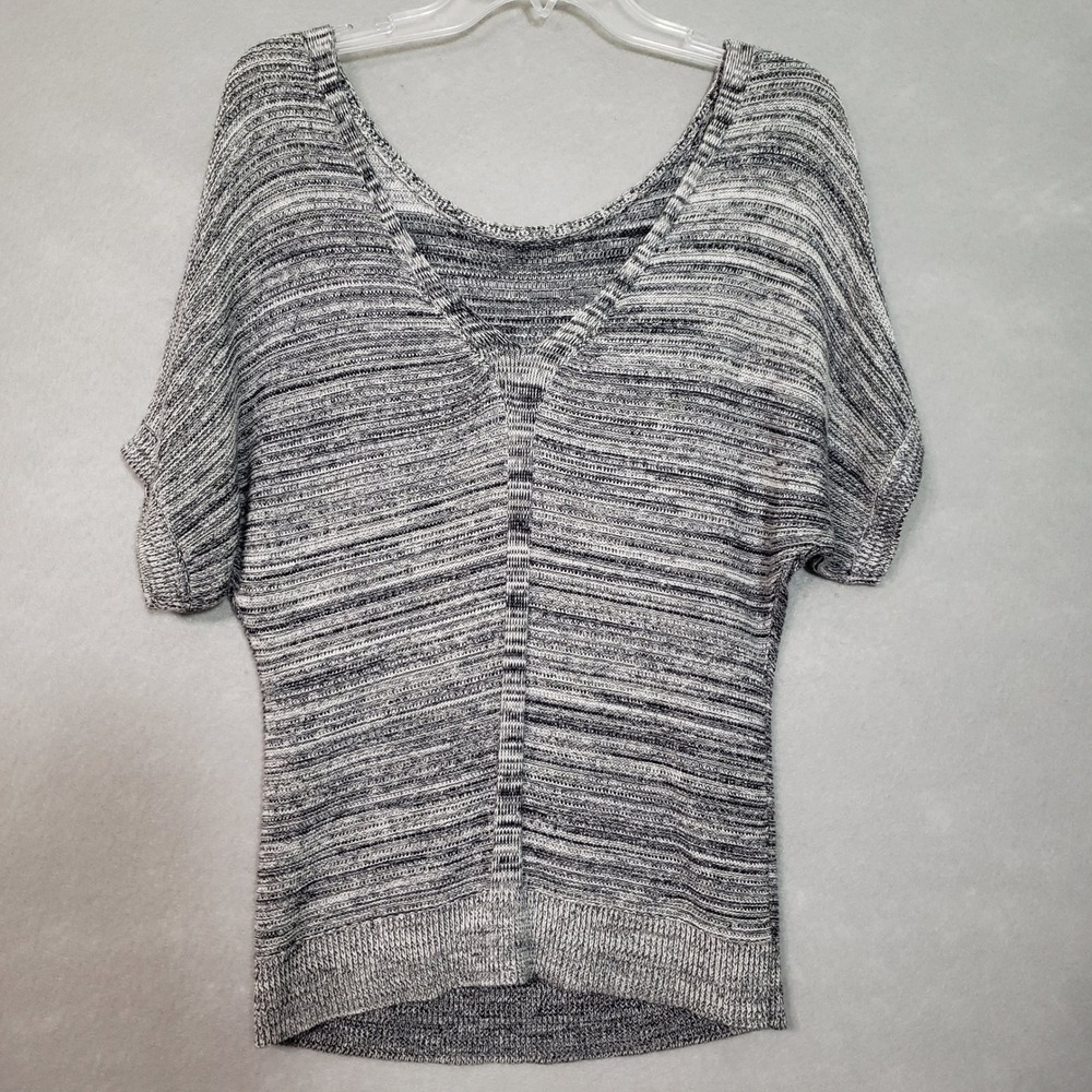 LOFT Women XS Dolman Sweater Black White Marled V-Neck Short Sleeve Oversized